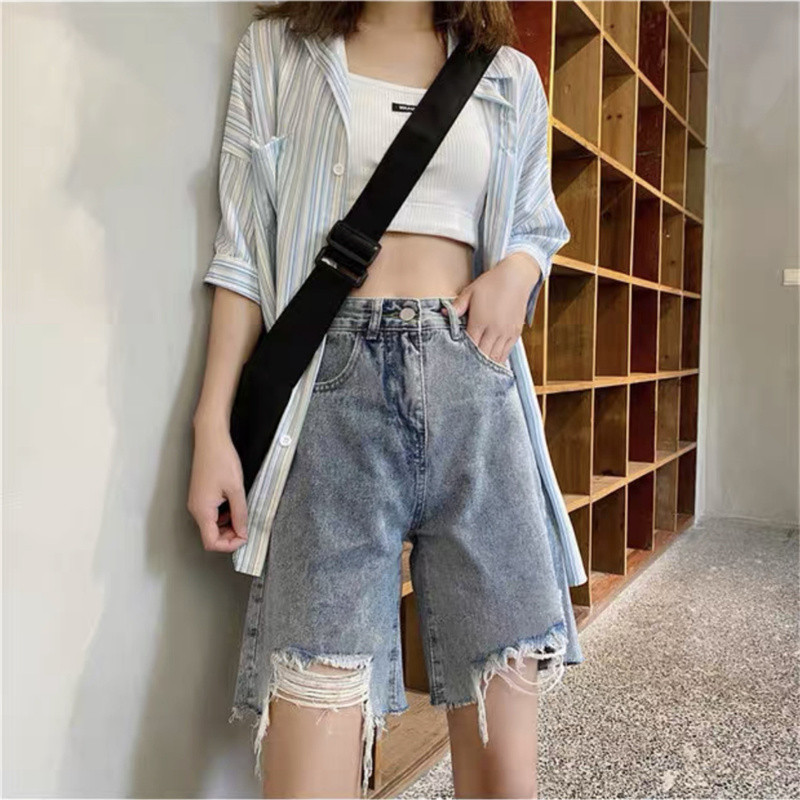Naiste lühikesed püksid, teksapüksid, kooritud karusnahaga voodriga vintage Harajuku kõrge vöökohaga lahtised laiad jalad, sirged, sobivad õpilastele Lihtsad trendikad augud