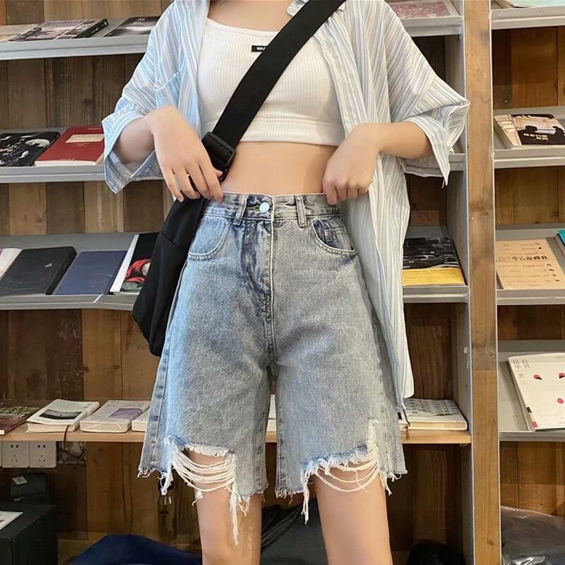 Naiste lühikesed püksid, teksapüksid, kooritud karusnahaga voodriga vintage Harajuku kõrge vöökohaga lahtised laiad jalad, sirged, sobivad õpilastele Lihtsad trendikad augud