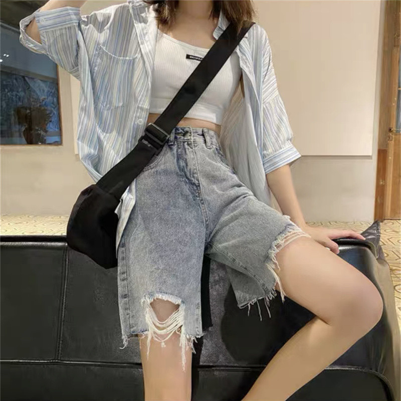 Naiste lühikesed püksid, teksapüksid, kooritud karusnahaga voodriga vintage Harajuku kõrge vöökohaga lahtised laiad jalad, sirged, sobivad õpilastele Lihtsad trendikad augud