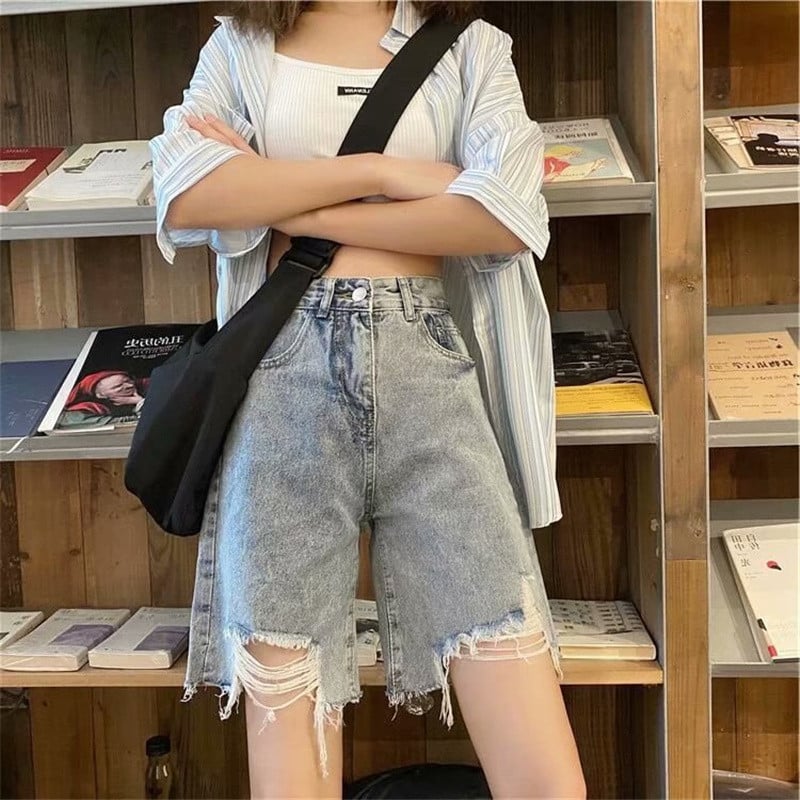 Naiste lühikesed püksid, teksapüksid, kooritud karusnahaga voodriga vintage Harajuku kõrge vöökohaga lahtised laiad jalad, sirged, sobivad õpilastele Lihtsad trendikad augud