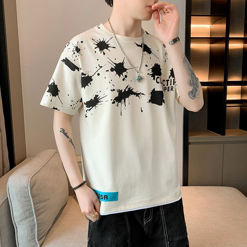 Divat, O-nyakú, alkalmi nyomott rövid ujjú póló Férfi ruházat 2024 tavaszi nyár laza koreai felsők, póló