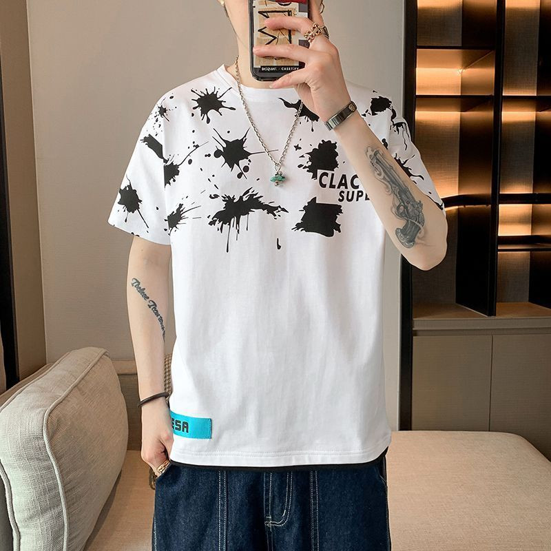 Divat, O-nyakú, alkalmi nyomott rövid ujjú póló Férfi ruházat 2024 tavaszi nyár laza koreai felsők, póló