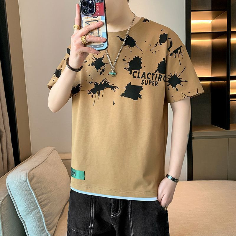 Divat, O-nyakú, alkalmi nyomott rövid ujjú póló Férfi ruházat 2024 tavaszi nyár laza koreai felsők, póló