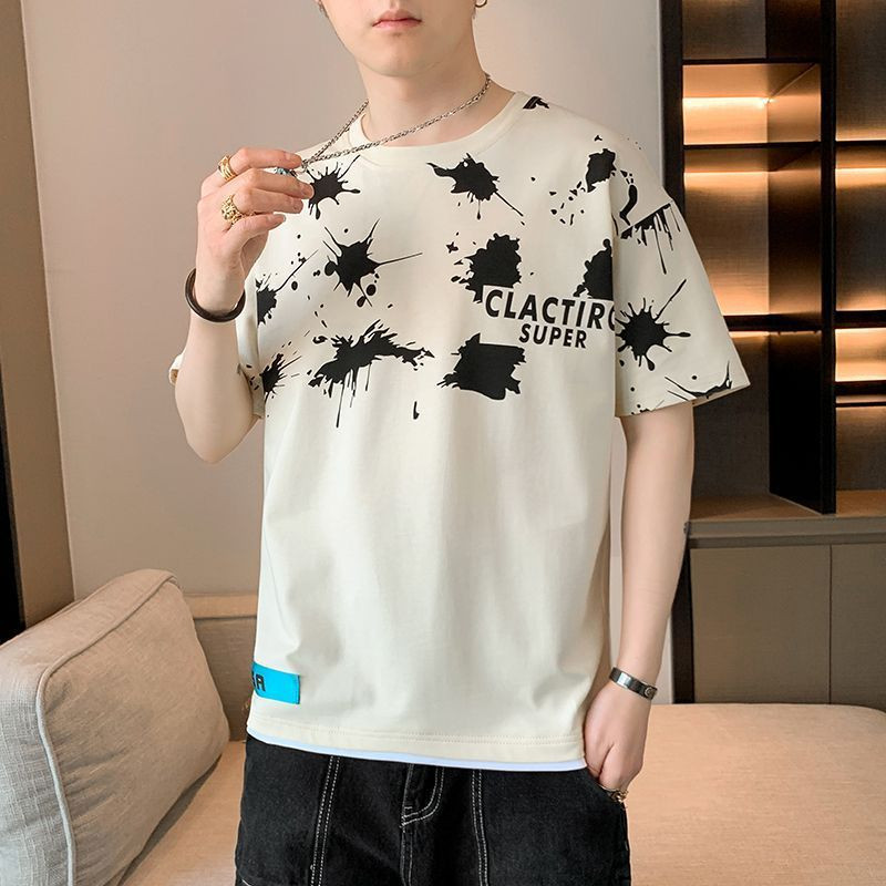 Divat, O-nyakú, alkalmi nyomott rövid ujjú póló Férfi ruházat 2024 tavaszi nyár laza koreai felsők, póló