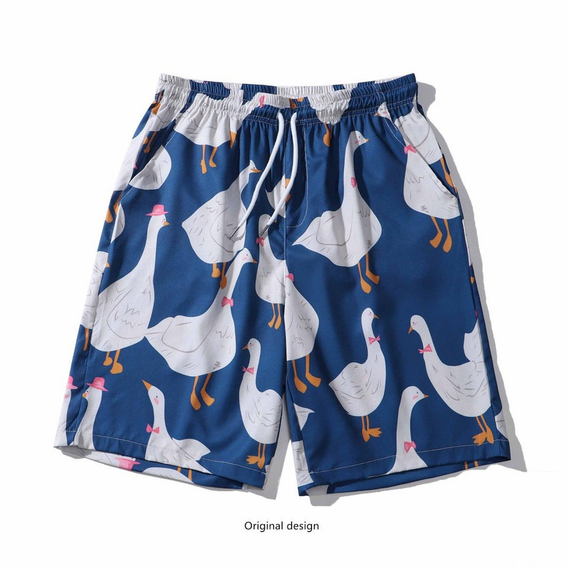 Nyári utcai ruházat rövid melegítőnadrágok Harajuku Hip Hop Goose Full Print Alkalmi rövidnadrágok Férfi Ins Laza pár Hawaii Beach Shorts