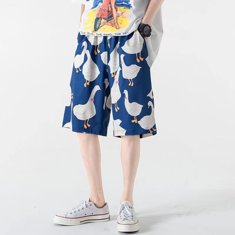 Nyári utcai ruházat rövid melegítőnadrágok Harajuku Hip Hop Goose Full Print Alkalmi rövidnadrágok Férfi Ins Laza pár Hawaii Beach Shorts