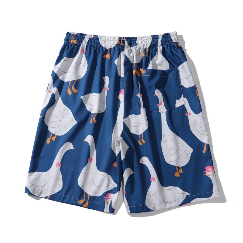 Nyári utcai ruházat rövid melegítőnadrágok Harajuku Hip Hop Goose Full Print Alkalmi rövidnadrágok Férfi Ins Laza pár Hawaii Beach Shorts