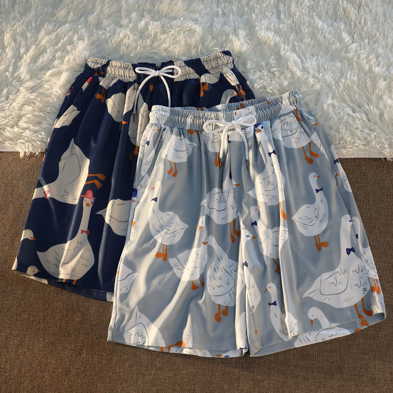 Nyári utcai ruházat rövid melegítőnadrágok Harajuku Hip Hop Goose Full Print Alkalmi rövidnadrágok Férfi Ins Laza pár Hawaii Beach Shorts