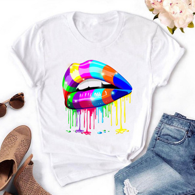 Naiste värvitud huultega värvitud T-särk, puuvillane, lühikeste varrukatega, ümara kaelusega, suvised topid, seksikas mood, uus, HH240