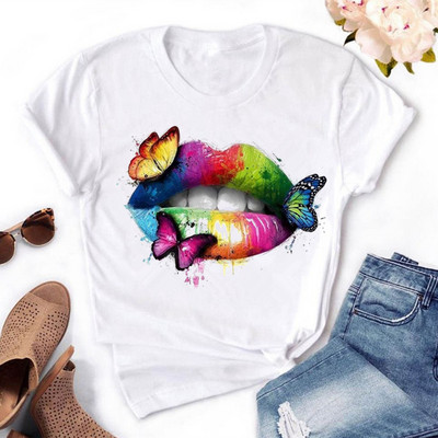 Naiste värvitud huultega värvitud T-särk, puuvillane, lühikeste varrukatega, ümara kaelusega, suvised topid, seksikas mood, uus, HH240