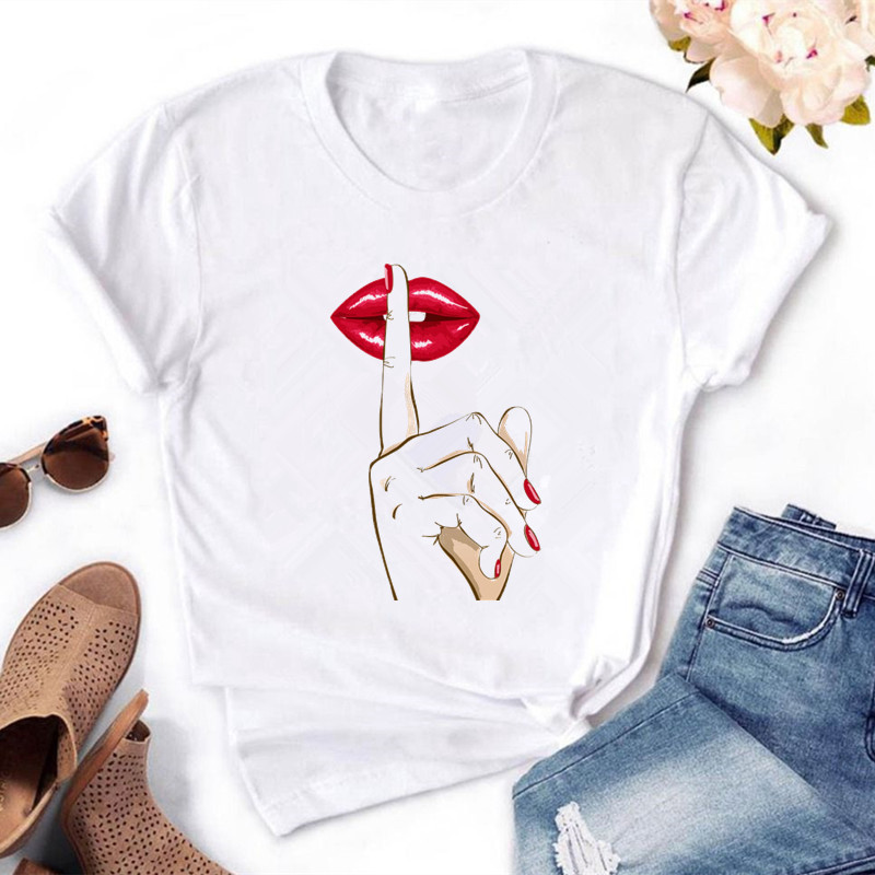 Naiste värvitud huultega värvitud T-särk, puuvillane, lühikeste varrukatega, ümara kaelusega, suvised topid, seksikas mood, uus, HH240