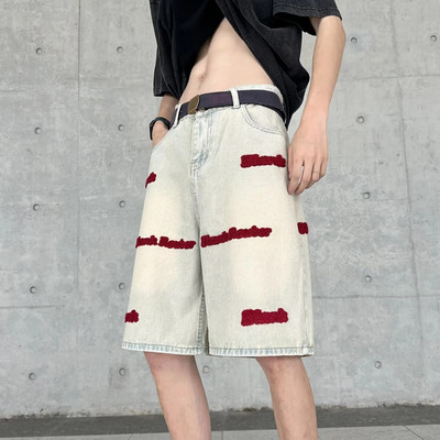 Ανδρικά σορτς με γράμματα κεντήματα, καλοκαιρινά ρετρό Water Washed Trendy Παντελόνι Street Style, βαμβακερό ίσιο σχέδιο κυλίνδρου