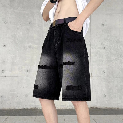 Ανδρικά σορτς με γράμματα κεντήματα, καλοκαιρινά ρετρό Water Washed Trendy Παντελόνι Street Style, βαμβακερό ίσιο σχέδιο κυλίνδρου