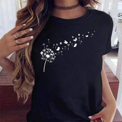 Maycaur Tricou cu mânecă scurtă cu imprimeu de păpădie cu desene animate pentru femei