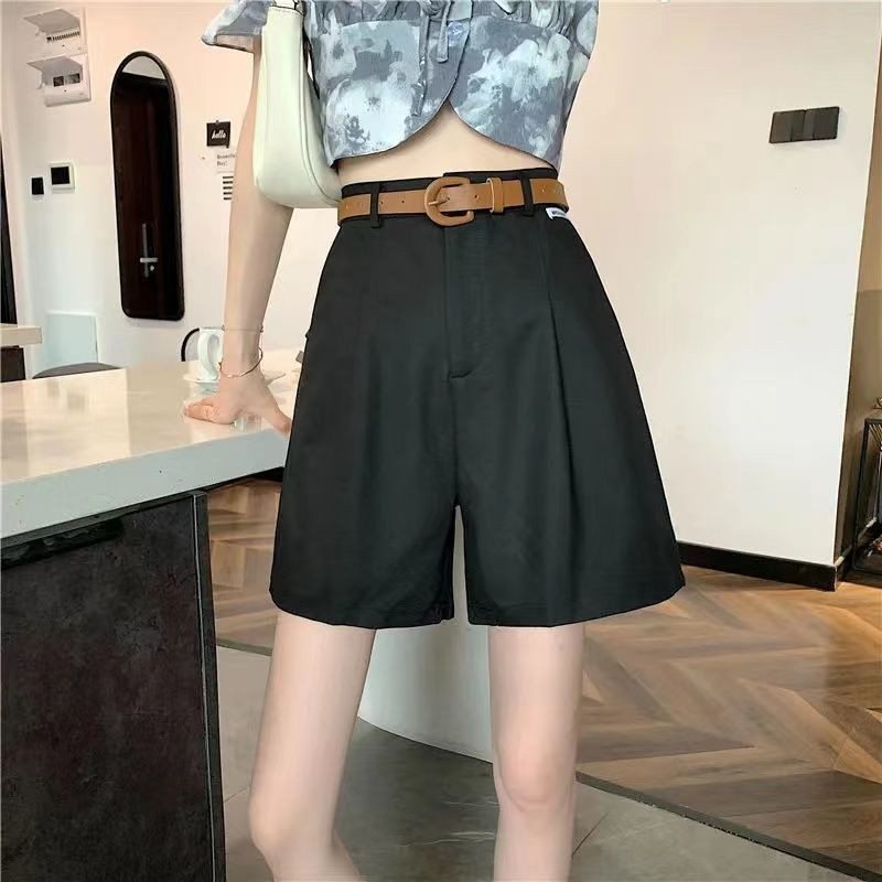 Naiste kõrge vöökohaga laia säärega lühikesed püksid koos vööga ühevärvilised 2024. aasta suve õhukesed naiste lühikesed püksid Naiste vabaaja püksid