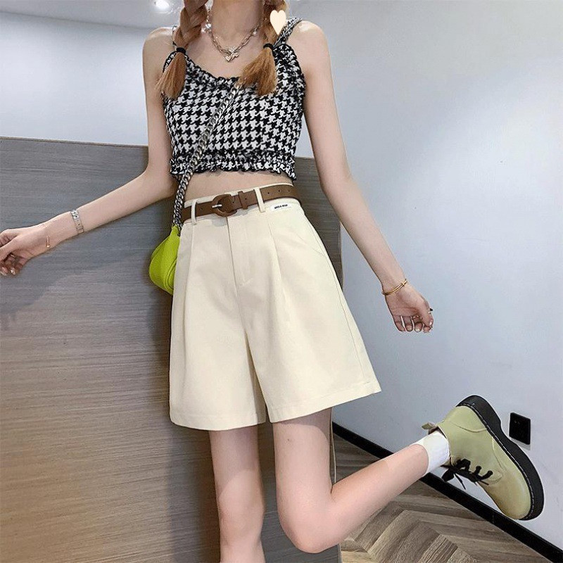 Naiste kõrge vöökohaga laia säärega lühikesed püksid koos vööga ühevärvilised 2024. aasta suve õhukesed naiste lühikesed püksid Naiste vabaaja püksid