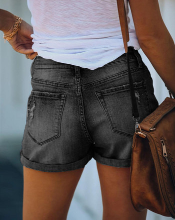 2024 Летни нови дамски скъсани дънкови къси панталони с висока талия Модни извити еластични прави дънкови къси панталони Улично ежедневно облекло S-2XL