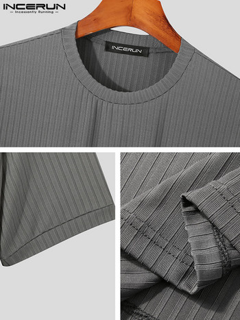 INCERUN Fashion Casual Style Нови мъжки дизайн с О-образно деколте Niche Camiseta Стилни раирани плътни удобни тениски с къс ръкав S-5XL