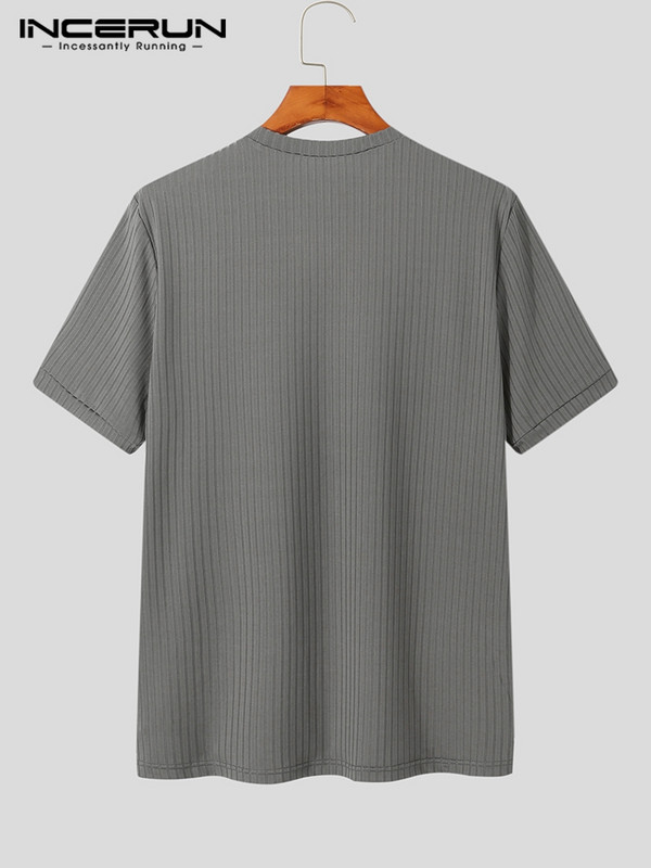 INCERUN Fashion Casual Style Uus Meeste O-kaelusega Disain Niche Camiseta Stiilne Triibuline Solid Mugavad Lühikeste varrukatega T-särgid S-5XL