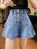 Pantaloni scurți din denim cu un singur piept, femei, 2024, vara, coreeană, talie înaltă, subțire, largi, picior lat, pantaloni cald, îmbrăcăminte de stradă, blugi scurti