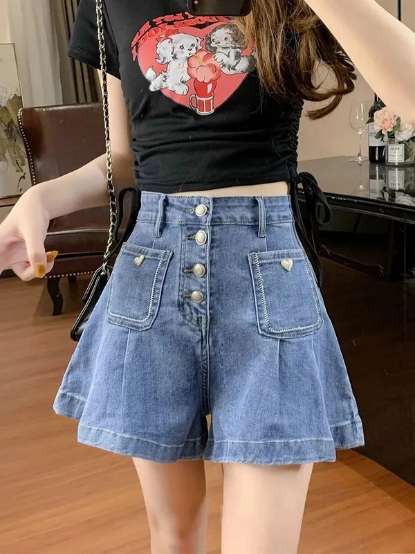 Pantaloni scurți din denim cu un singur piept, femei, 2024, vara, coreeană, talie înaltă, subțire, largi, picior lat, pantaloni cald, îmbrăcăminte de stradă, blugi scurti