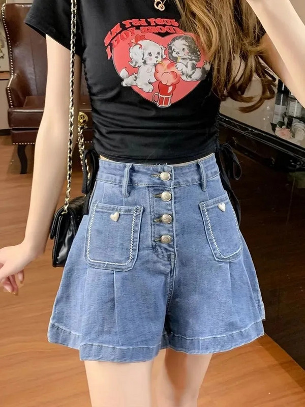 Pantaloni scurți din denim cu un singur piept, femei, 2024, vara, coreeană, talie înaltă, subțire, largi, picior lat, pantaloni cald, îmbrăcăminte de stradă, blugi scurti