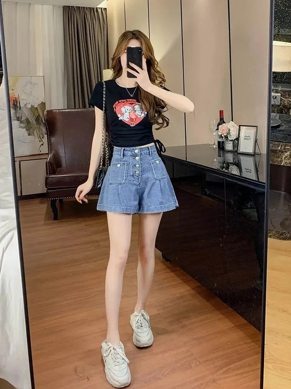 Pantaloni scurți din denim cu un singur piept, femei, 2024, vara, coreeană, talie înaltă, subțire, largi, picior lat, pantaloni cald, îmbrăcăminte de stradă, blugi scurti