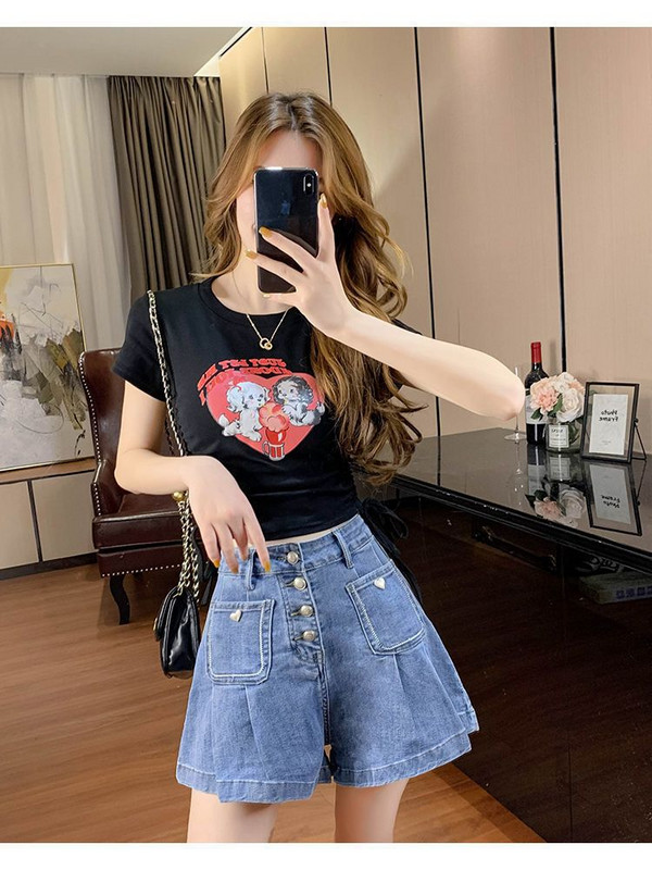 Pantaloni scurți din denim cu un singur piept, femei, 2024, vara, coreeană, talie înaltă, subțire, largi, picior lat, pantaloni cald, îmbrăcăminte de stradă, blugi scurti