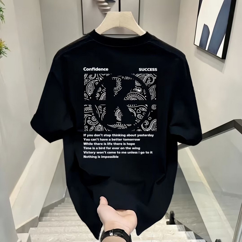 Tricou grafic Harajuku pentru bărbați, tipărit cu litere Kpop, ocazional de vară, cu mâneci scurte, hip-hop, cu gâtul O, cămăși negre Topuri Streetwear