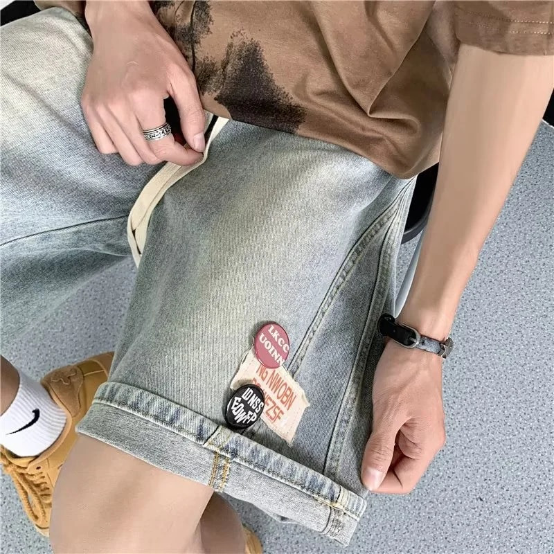 Pantaloni scurți albastru deschis High Street pentru bărbați, stil de vară, la modă, americani, subțiri, sport, pantaloni în cinci puncte, bumbac, formă de cilindru drept