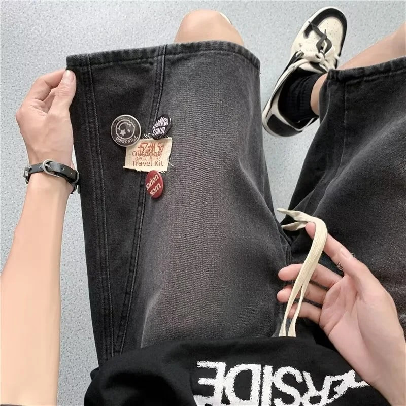 Pantaloni scurți albastru deschis High Street pentru bărbați, stil de vară, la modă, americani, subțiri, sport, pantaloni în cinci puncte, bumbac, formă de cilindru drept