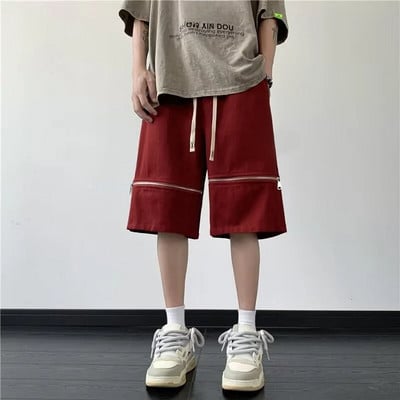 Pantaloni scurți subțiri de vară pentru bărbați Pantaloni largi în cinci puncte în stil american de stradă Pantaloni la mijloc casual Design la modă Roșu Negru