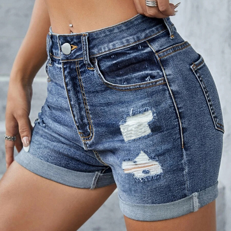 2024. aasta suvi, uued naiste keskmise vööga rebitud teksapüksid, rannapuhkuse kuumad püksid Seksikad elastsed rullitud kitsad teksad lühikesed püksid, suurus S-2XL