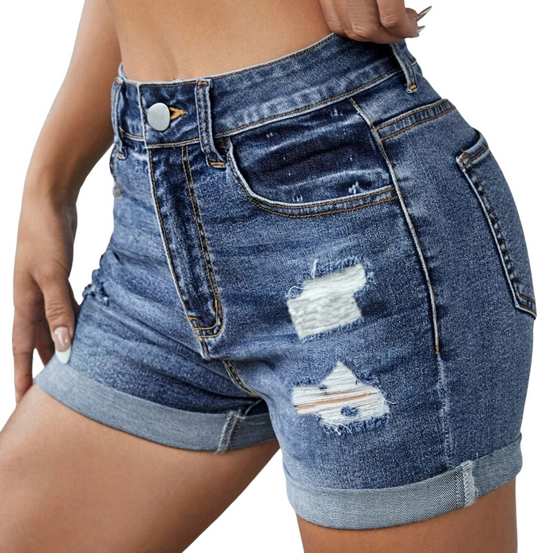 2024. aasta suvi, uued naiste keskmise vööga rebitud teksapüksid, rannapuhkuse kuumad püksid Seksikad elastsed rullitud kitsad teksad lühikesed püksid, suurus S-2XL