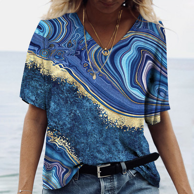 Tricou de vară cu decolteu în V de damă Topuri cu imprimeu marmorat 3d Tricou Fashion Streetwear Zilnic Imbracaminte Y2k 2023 Noi Tricouri pentru dama Plus Size
