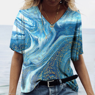 Tricou de vară cu decolteu în V de damă Topuri cu imprimeu marmorat 3d Tricou Fashion Streetwear Zilnic Imbracaminte Y2k 2023 Noi Tricouri pentru dama Plus Size