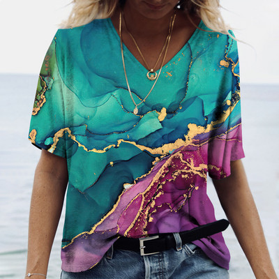 Tricou de vară cu decolteu în V de damă Topuri cu imprimeu marmorat 3d Tricou Fashion Streetwear Zilnic Imbracaminte Y2k 2023 Noi Tricouri pentru dama Plus Size