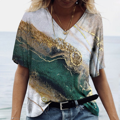 Tricou de vară cu decolteu în V de damă Topuri cu imprimeu marmorat 3d Tricou Fashion Streetwear Zilnic Imbracaminte Y2k 2023 Noi Tricouri pentru dama Plus Size
