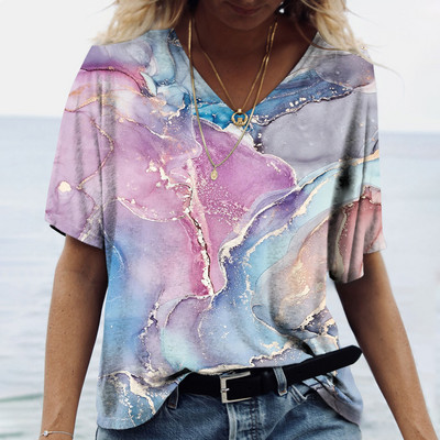 Tricou de vară cu decolteu în V de damă Topuri cu imprimeu marmorat 3d Tricou Fashion Streetwear Zilnic Imbracaminte Y2k 2023 Noi Tricouri pentru dama Plus Size