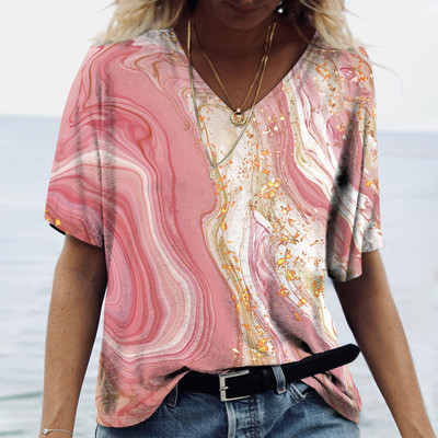 Tricou de vară cu decolteu în V de damă Topuri cu imprimeu marmorat 3d Tricou Fashion Streetwear Zilnic Imbracaminte Y2k 2023 Noi Tricouri pentru dama Plus Size