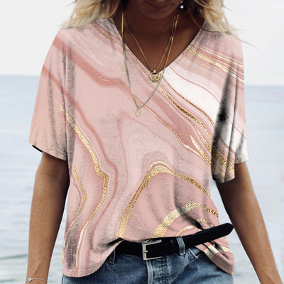 Tricou de vară cu decolteu în V de damă Topuri cu imprimeu marmorat 3d Tricou Fashion Streetwear Zilnic Imbracaminte Y2k 2023 Noi Tricouri pentru dama Plus Size