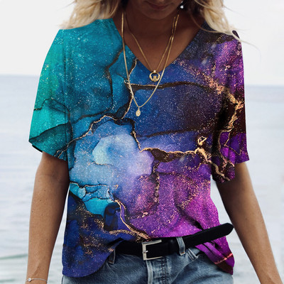 Tricou de vară cu decolteu în V de damă Topuri cu imprimeu marmorat 3d Tricou Fashion Streetwear Zilnic Imbracaminte Y2k 2023 Noi Tricouri pentru dama Plus Size