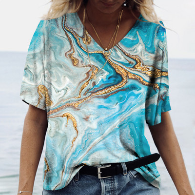Tricou de vară cu decolteu în V de damă Topuri cu imprimeu marmorat 3d Tricou Fashion Streetwear Zilnic Imbracaminte Y2k 2023 Noi Tricouri pentru dama Plus Size