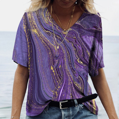 Tricou de vară cu decolteu în V de damă Topuri cu imprimeu marmorat 3d Tricou Fashion Streetwear Zilnic Imbracaminte Y2k 2023 Noi Tricouri pentru dama Plus Size