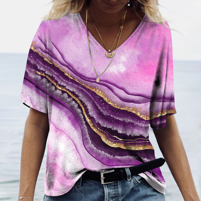Tricou de vară cu decolteu în V de damă Topuri cu imprimeu marmorat 3d Tricou Fashion Streetwear Zilnic Imbracaminte Y2k 2023 Noi Tricouri pentru dama Plus Size