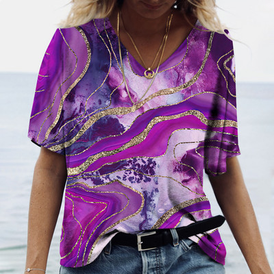Tricou de vară cu decolteu în V de damă Topuri cu imprimeu marmorat 3d Tricou Fashion Streetwear Zilnic Imbracaminte Y2k 2023 Noi Tricouri pentru dama Plus Size