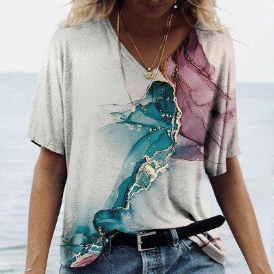 Tricou de vară cu decolteu în V de damă Topuri cu imprimeu marmorat 3d Tricou Fashion Streetwear Zilnic Imbracaminte Y2k 2023 Noi Tricouri pentru dama Plus Size
