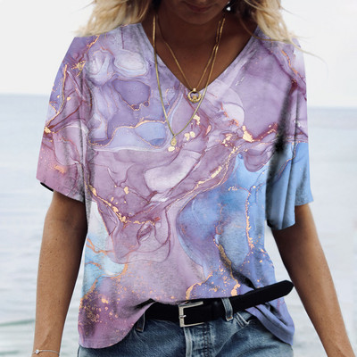 Tricou de vară cu decolteu în V de damă Topuri cu imprimeu marmorat 3d Tricou Fashion Streetwear Zilnic Imbracaminte Y2k 2023 Noi Tricouri pentru dama Plus Size