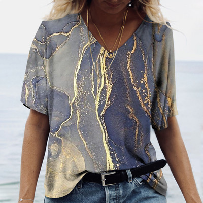 Tricou de vară cu decolteu în V de damă Topuri cu imprimeu marmorat 3d Tricou Fashion Streetwear Zilnic Imbracaminte Y2k 2023 Noi Tricouri pentru dama Plus Size