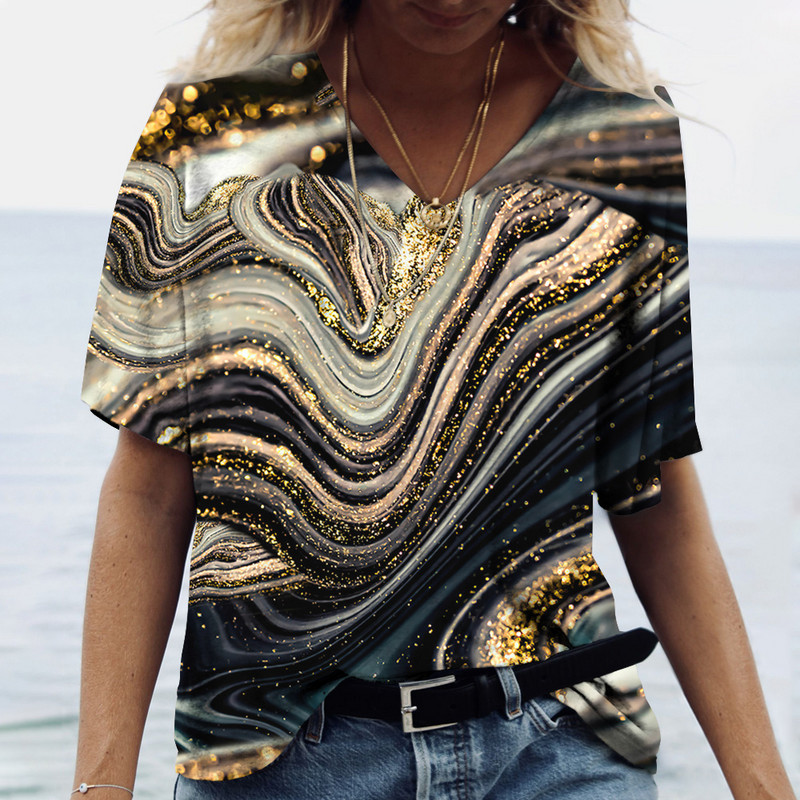 Tricou de vară cu decolteu în V de damă Topuri cu imprimeu marmorat 3d Tricou Fashion Streetwear Zilnic Imbracaminte Y2k 2023 Noi Tricouri pentru dama Plus Size